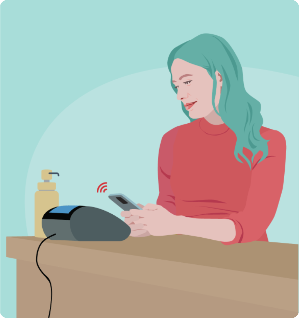 An illustration of a person using a payment terminal with their phone